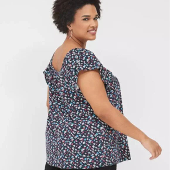 LANE BRYANT NWOT Size 18/20 Relaxed Eyelet-Sleeve Smocked-Neck Top Blue Floral - Picture 2 of 3